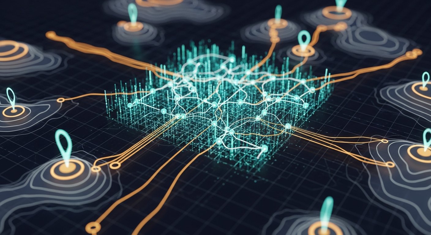 AI_IMAGE: Dark dashboard interface showing real-time power grid visualization, glowing teal node network with pulsing data streams, abstract topographic map overlaid with signal lines and anomaly markers in amber, deep black background with subtle grid overlay | digital-art | landscape