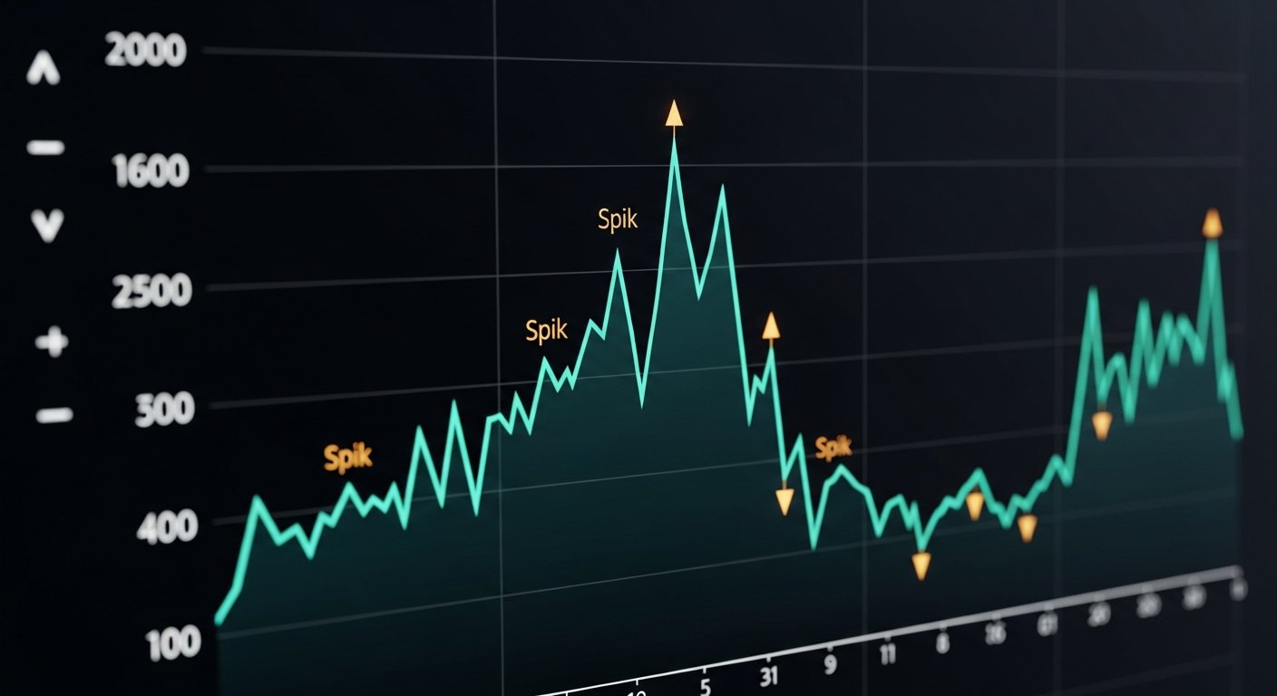 AI_IMAGE: Close-up of a data visualization graph on a dark screen, teal line chart with amber spike anomaly markers, minimal axis labels in monospace font, faint grid lines on void-black background, technical and precise aesthetic | digital-art | landscape