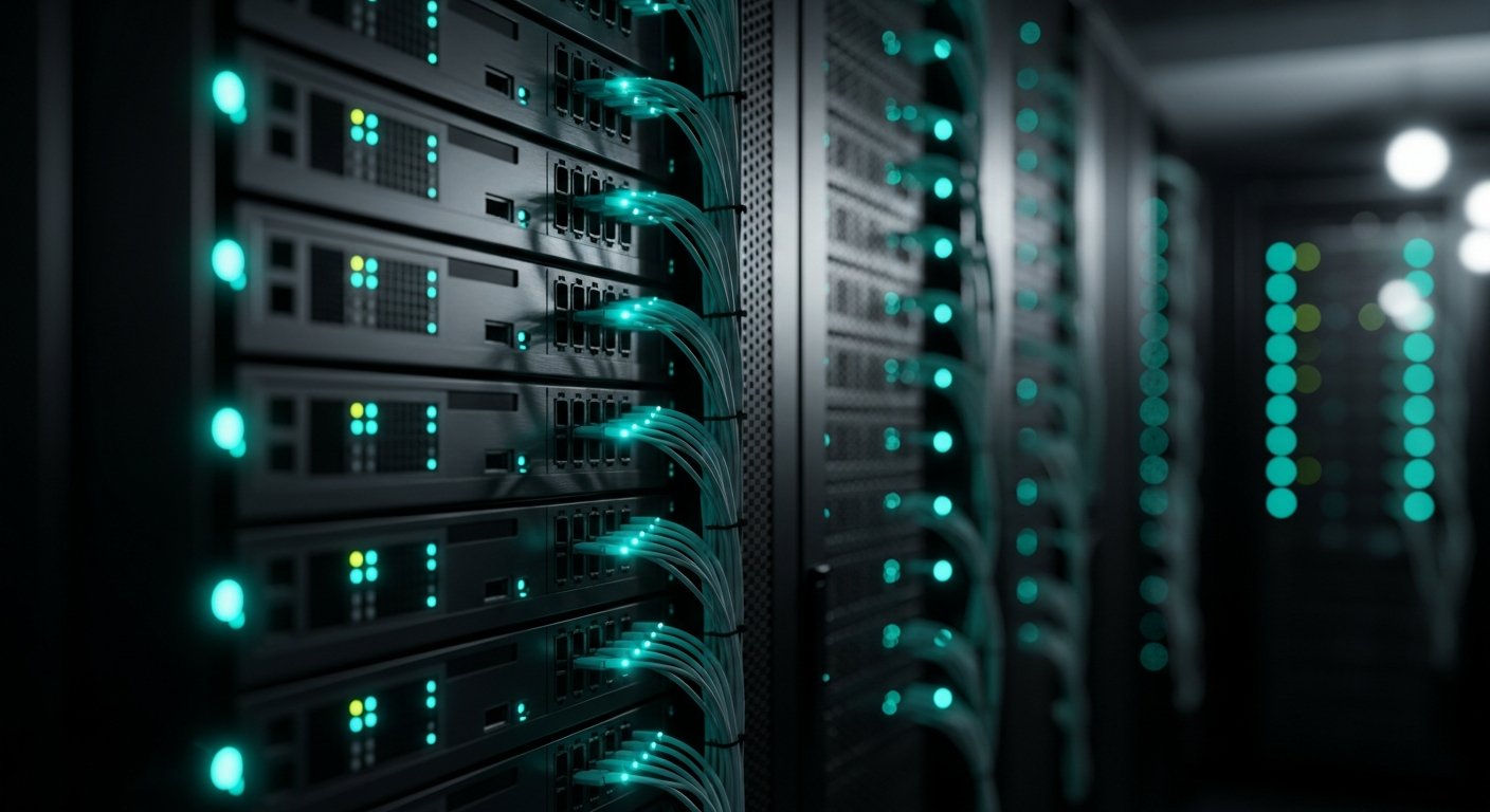 AI_IMAGE: Dark server rack in a dimly lit room, teal LED indicator lights glowing along rack-mounted hardware, thin cables organized in precise bundles, subtle reflections on brushed metal surfaces, shallow depth of field with bokeh on background equipment, moody technical atmosphere | digital-art | landscape