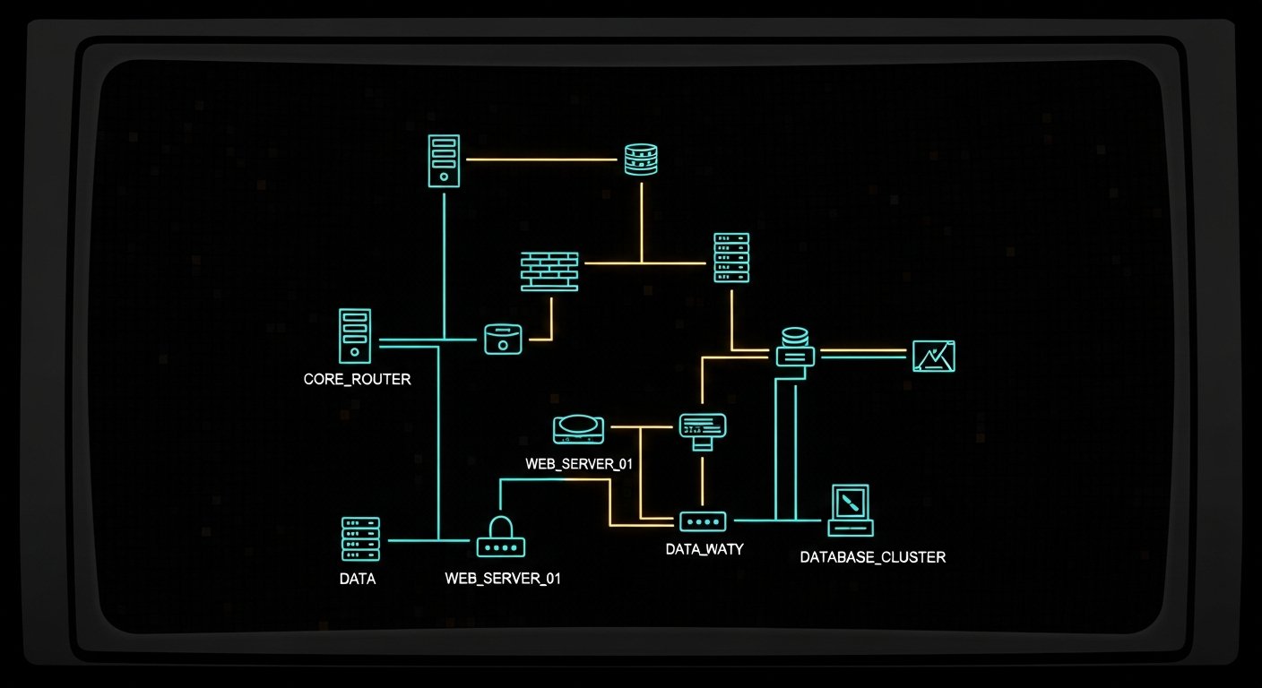 AI_IMAGE: Top-down view of a network diagram rendered on a dark terminal screen, teal lines connecting node icons in a clean tree topology, amber highlights on active connections, monospace labels for each node, minimal and technical composition on void-black background | digital-art | landscape
