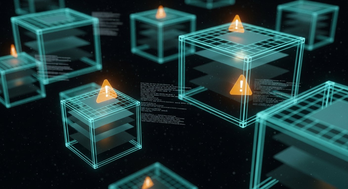 AI_IMAGE: Abstract visualization of a container security scan, dark background with glowing teal wireframe cube structures representing container layers, small amber warning icons floating near vulnerable layers, monospace text fragments visible in the void, clean geometric composition | digital-art | landscape