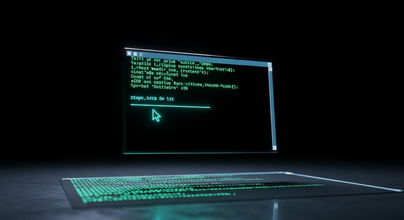 AI_IMAGE: Dark terminal interface floating in void-black space, glowing teal cursor blinking on a command line, faint green-on-black text scrolling upward, reflections of code on a matte surface below, cinematic shallow depth of field, moody atmospheric lighting | digital-art | landscape